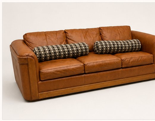 Vintage brown leather sofa with bolster pillows